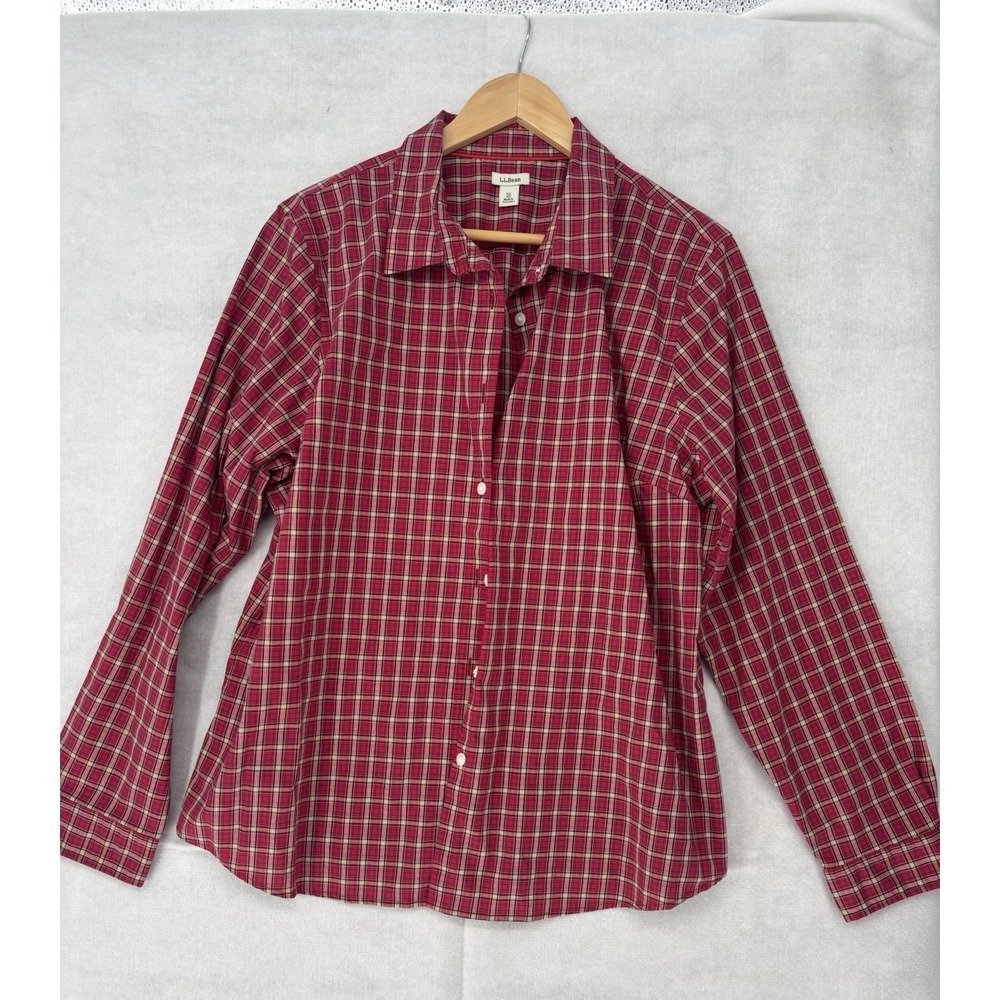 LL Bean Button Down Shirt Womens XL Red Plaid Cotton Stretch L/SL Casual